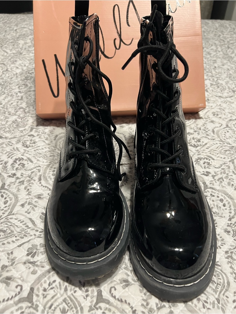 Wild Pair Patent Lace-Up Platform Combat Boots - Black